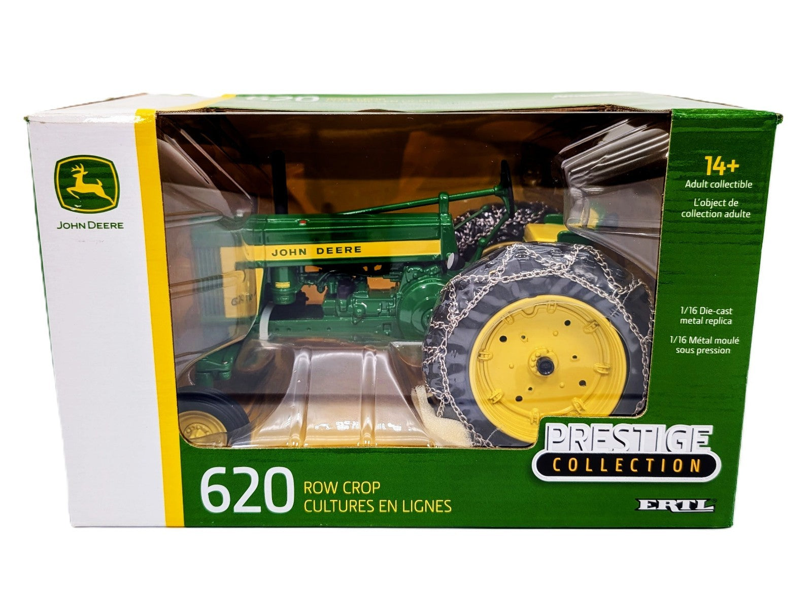 1/16 John Deere 620 Row Crop Tractor with Tire Chains, ERTL Prestige Collection.