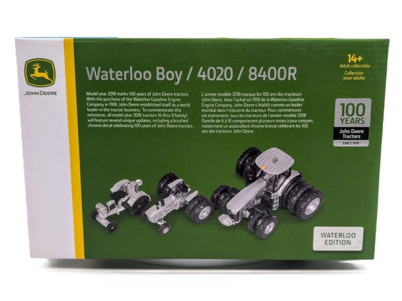 1/64 John Deere 3 Piece Silver 100 Year Ann. Set, Waterloo Boy, 8400R, 4020 - Farm Toy Tractor