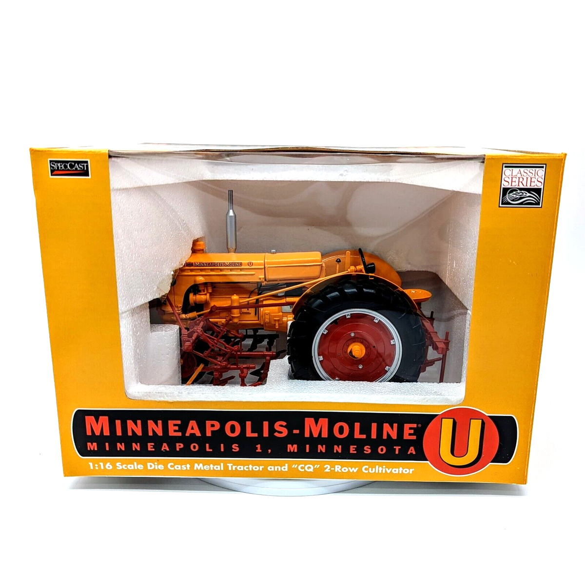 SpecCast 1/16 Scale Minneapolis Moline Toy Tractor & "CQ" 2-Row Cultivator.