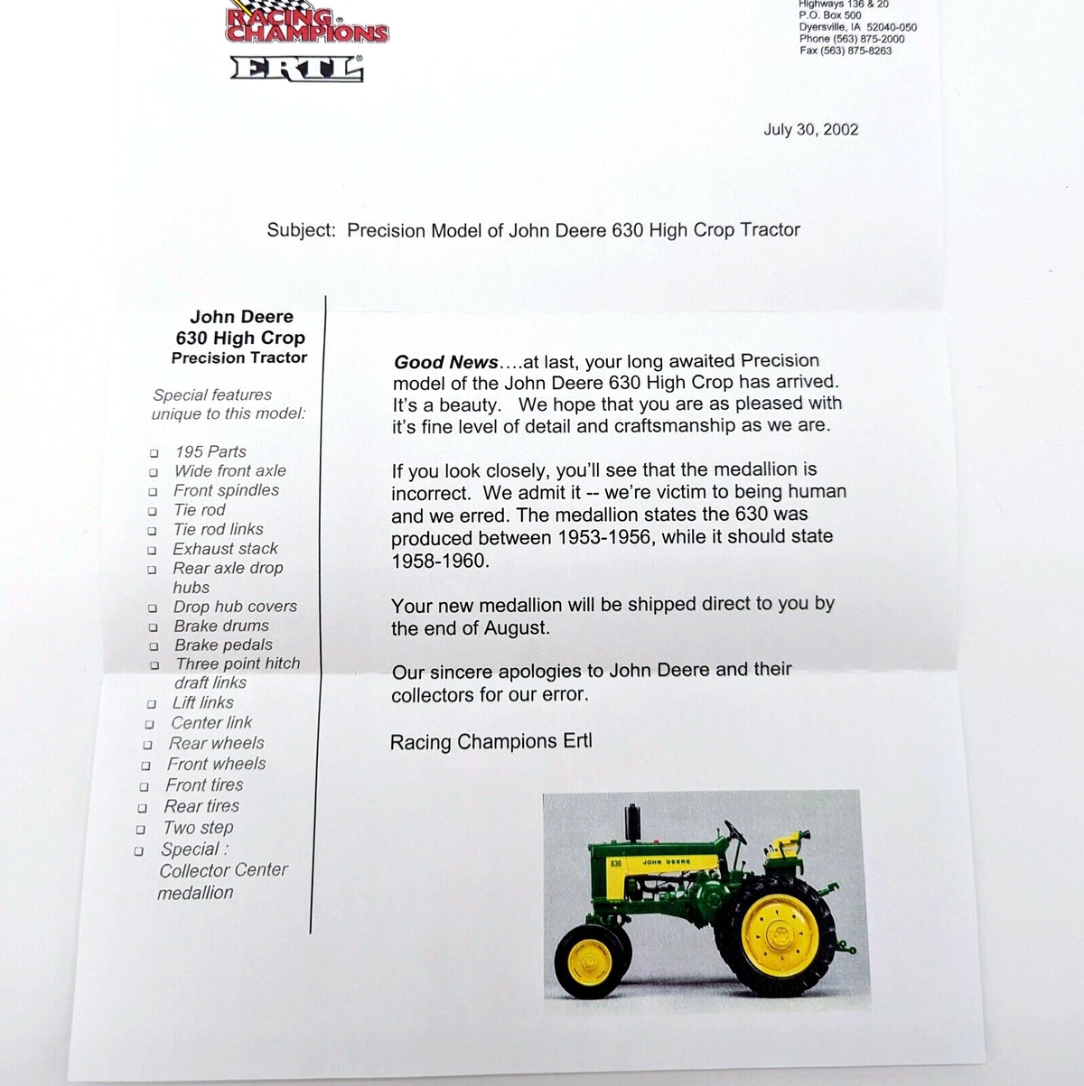 1/16 John Deere Precision 630 Hi-Crop Collector Center #1 (MEDALLION ERROR).